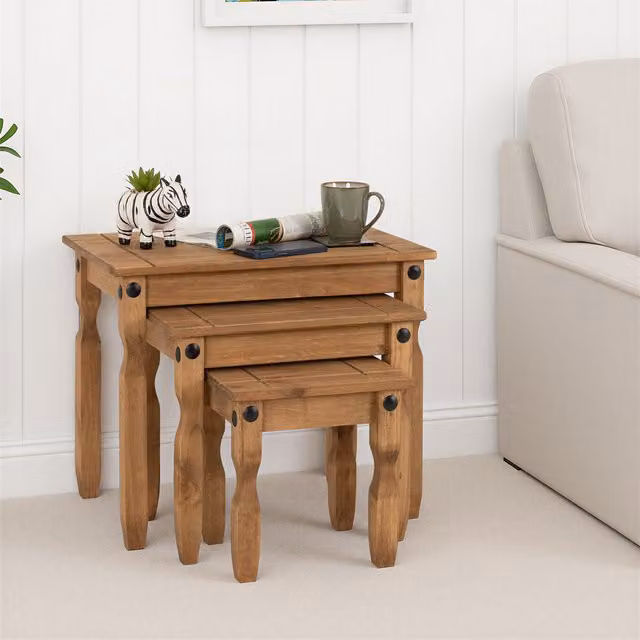 Seconique Corona Essentials Nest of Tables in Brown Waxed Rustic Pine – 1