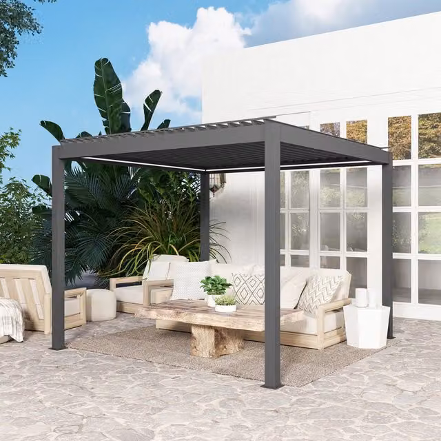 Outsunny Aluminium Louvered Pergola with LED Light, Dark Grey, W/D: 300 x 300 cm