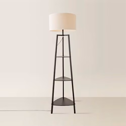 ValueLights Hiru Black 3 Tier Wood Shelf Floor Lamp with White Fabric Drum Shade