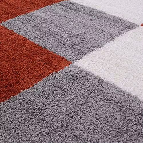THE RUGS Modern Checked Shaggy Area Rug, Multicolour Grey, W/D/H: 140 x 200 x 3 cm – 5