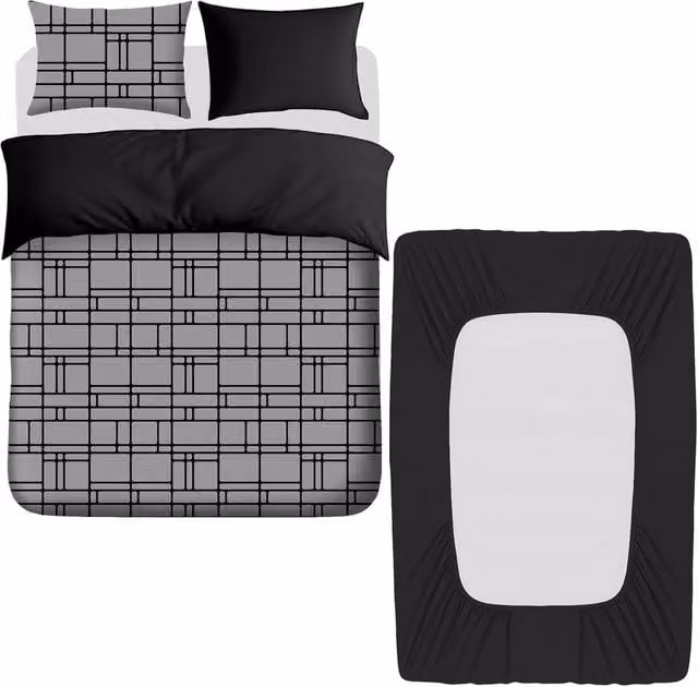 Pamposh Luxury Reversible Microfibre Duvet Cover and Black Fitted Sheet Set in Grey, Single Size