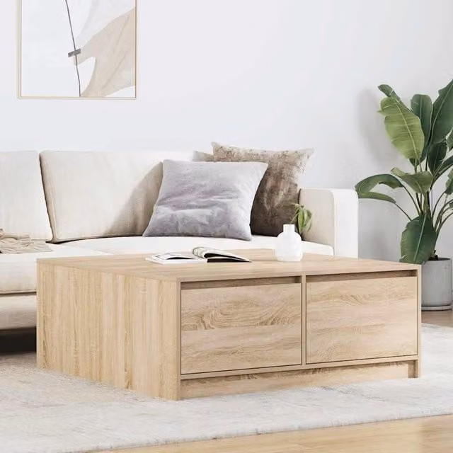 Berkfield Home Sonoma Oak Coffee Table with Drawers in Brown W/D/H: 100 x 100 x 40 cm