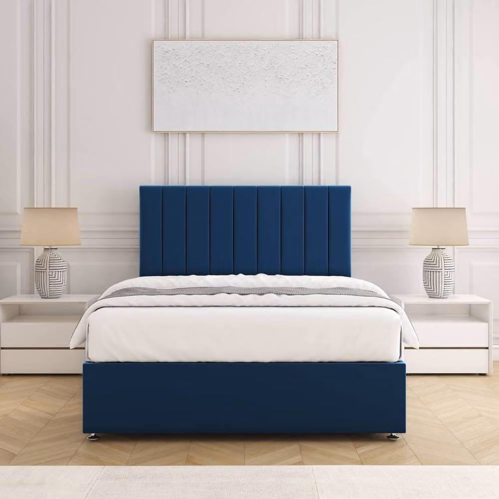 BSSPOKE Aria Plush Velvet Small Double Divan Bed with 24 inch Headboard, 4 Drawers and Mattress in Blue, W/D/H: 120 x 200 cm