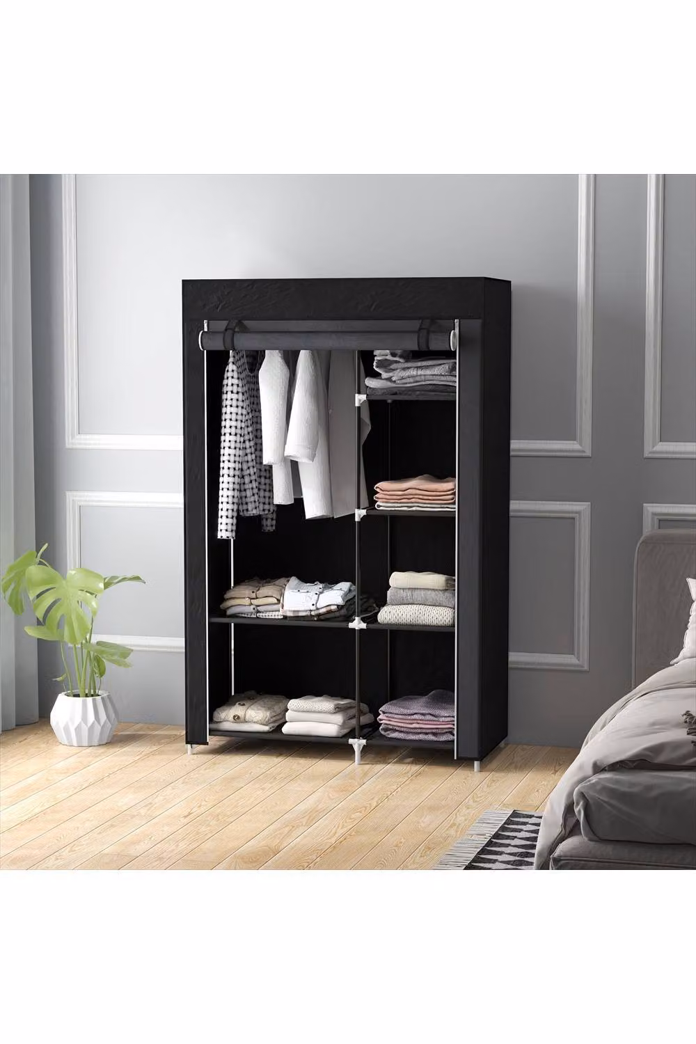 ERGOVEXA Black Fabric Foldable Wardrobe with Internal Shelves and Hanging Rail, H 162.5 x W 103 x D 43 cm – 3