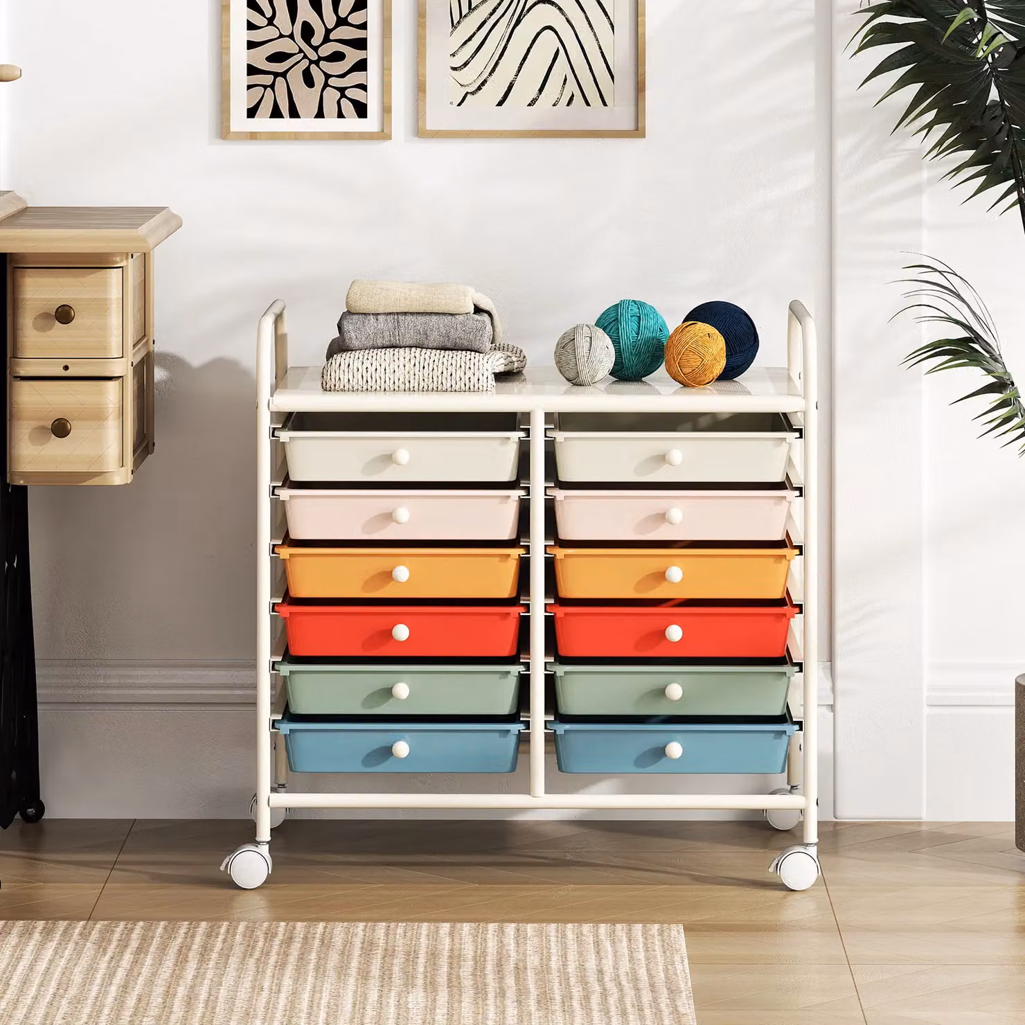 Gymax Multi-Purpose Utility Storage Rolling Cart with 12 Drawers and Handles, Multicolour Metal – 3