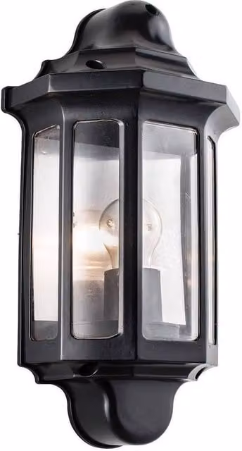 Netlighting Traditional Black Metal Outdoor Wall Lantern with Transparent Glass and E27 LED Compatibility, IP44 Rated