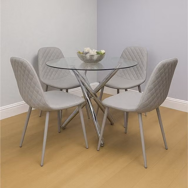 Kosy Koala Modern Round Glass Dining Table with 4 Grey Leather Chairs