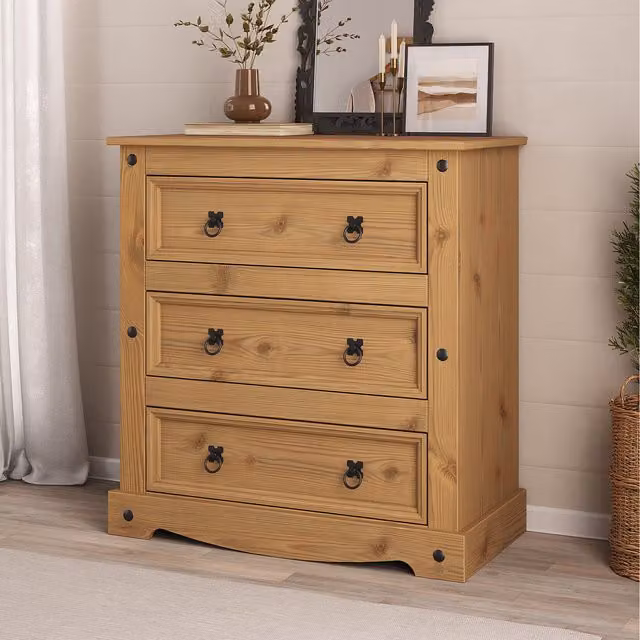 Mews Rustic Waxed Pine 3 Drawer Chest of Drawers in Brown and Black