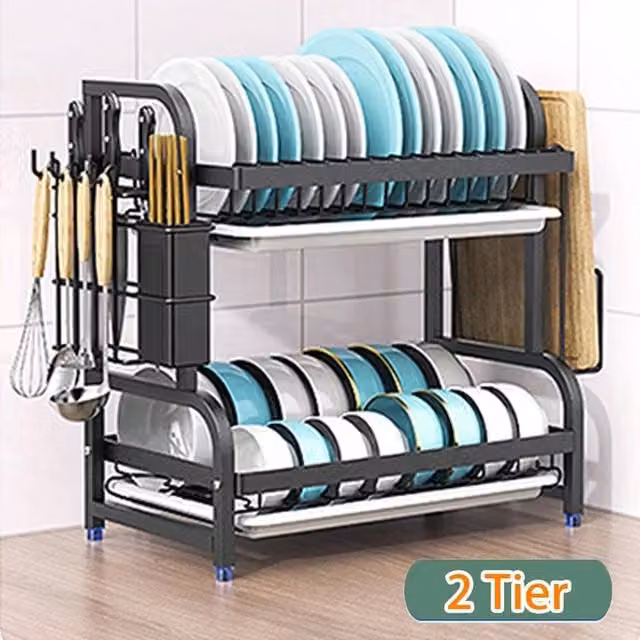 Hinsinc 2 Tier Black Metal Dish Drying Rack and Storage Drainer – 1