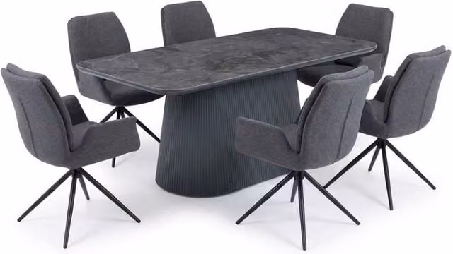 HOME LUXE INTERIOR Davos 180cm Grey Ceramic Oval Dining Table and 6 Fairmont Grey Swivel Chairs – 1