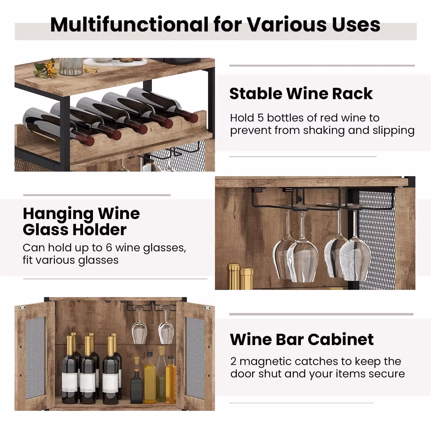 Gymax Industrial Wine Bar Cabinet with Removable Wine Rack and Glass Doors in Grey Wash – 2