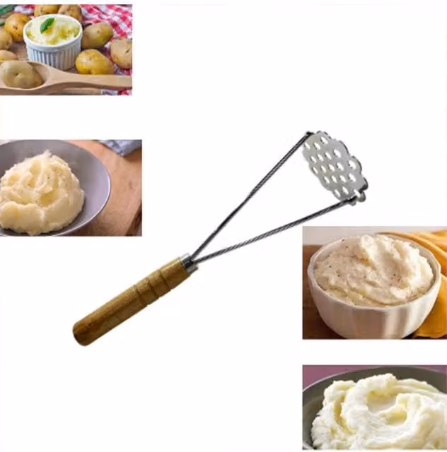 KDMD Stainless Steel Potato Masher with Wooden Handle and Non-Slip Base in Silver