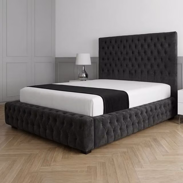 Living Comfort Bedz Countess Double Upholstered Velvet Gas Lift Storage Bed in Black, W/D/H: 140 x 200 cm