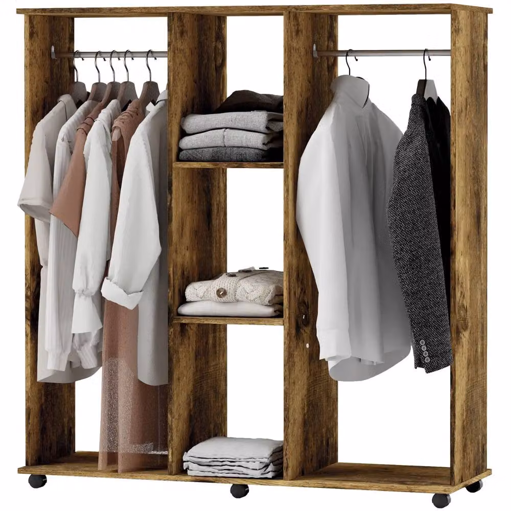 FURNOS Open Wardrobe Clothes Rail with Storage Shelves on Wheels, Rustic Brown, W/D/H: 128 x 40 x 30 cm – 4