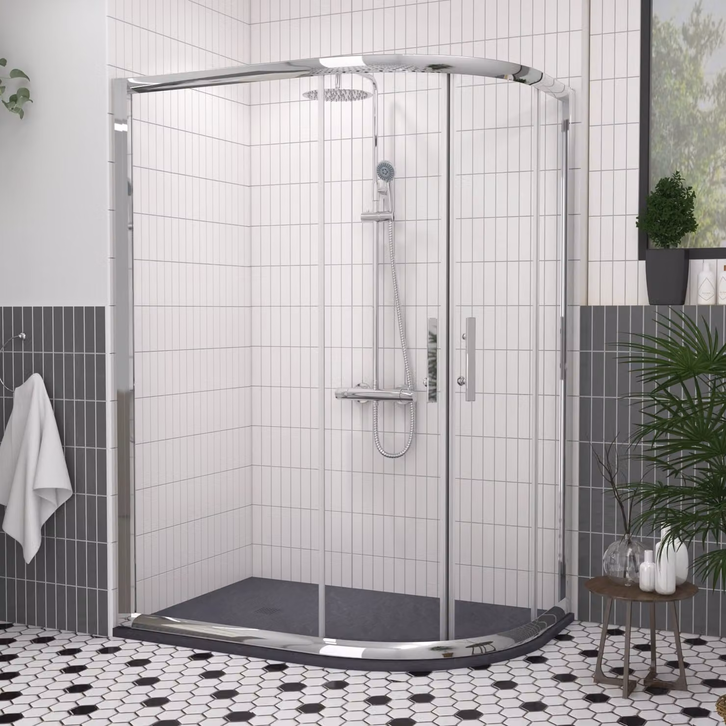 Imperial Offset Quadrant Shower Enclosure with Grey Stone Mineral Cast Shower Tray, 6mm Double Sliding Door, W: 120 cm, D: 80 cm, H: 185 cm