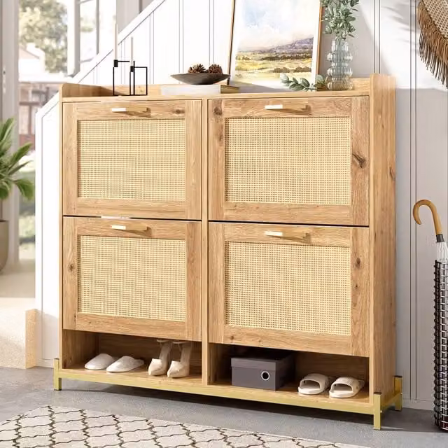 Merax Scandinavian Style Rattan Hallway Shoe Cabinet with 4 Tilt-Out Doors in Sand/Beige/Brown – 1