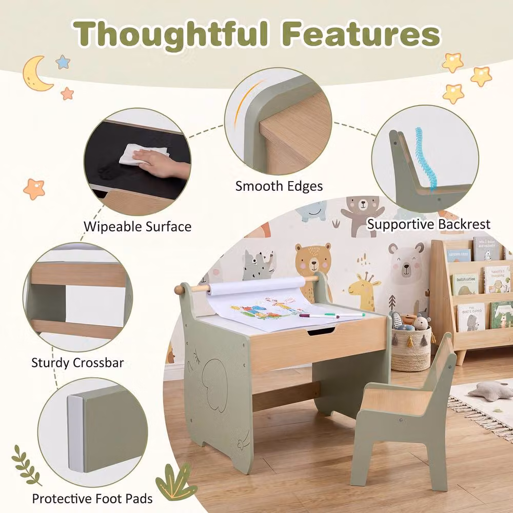 CASART Kids Art Table and Chair Set with Reversible Blackboard in Green – 4