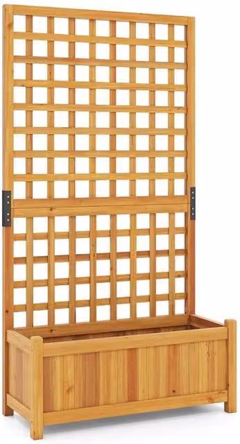 VOGREX Wooden Raised Planter with Trellis and Drainage in Brown, W: 143 cm, H: 76 cm, D: 32 cm
