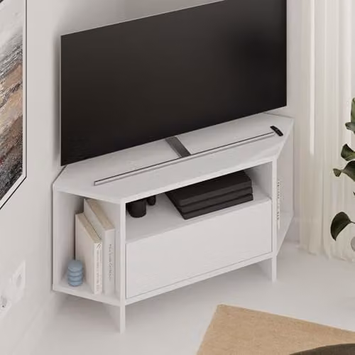 HOCUS PICUS Modern White Corner TV Unit for TVs up to 42 Inch, Height: 95.7 cm