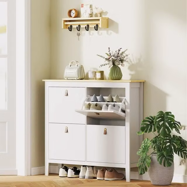 HOMCOM Modern White Shoe Cabinet with Tilting Doors for Hallway and Entryway, W: 105 cm, H: 95.5 cm