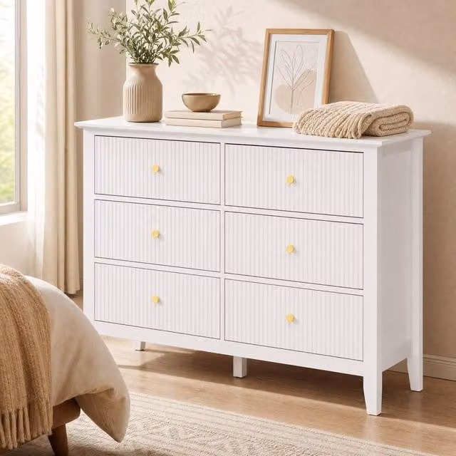 STILVORA Modern 6 Drawer Chest of Drawers with Wide Top in White