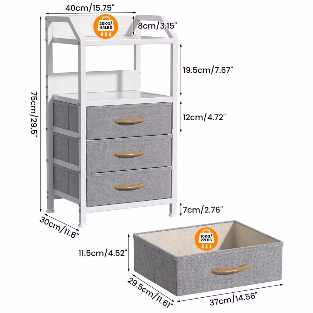 FORGEVIO Bedside Table with 3 Fabric Drawers, Grey, W/D/H: 40 x 30 x 70 cm – 2