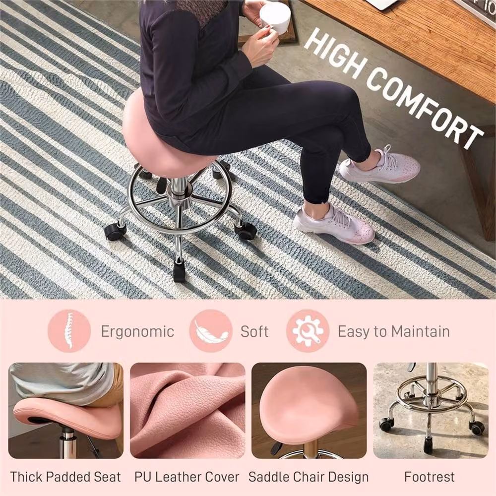 Nordara Pink Rolling Saddle Chair with PU Leather and Metal Frame, W/D/H: 40 x 30 x 66 cm – 5