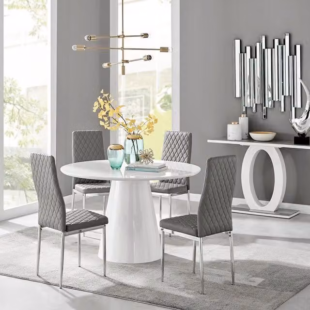FurnitureboxUK Palma White High Gloss Round Dining Table and 4 Milan Chrome Leg Chairs in Grey