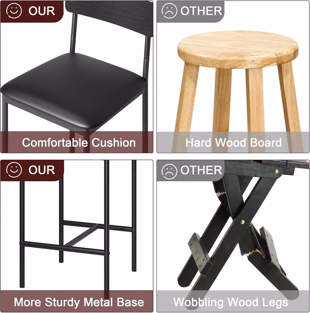 London Boutique Set of 4 Black Upholstered Counter Height Kitchen Bar Stools with Footrests – 3