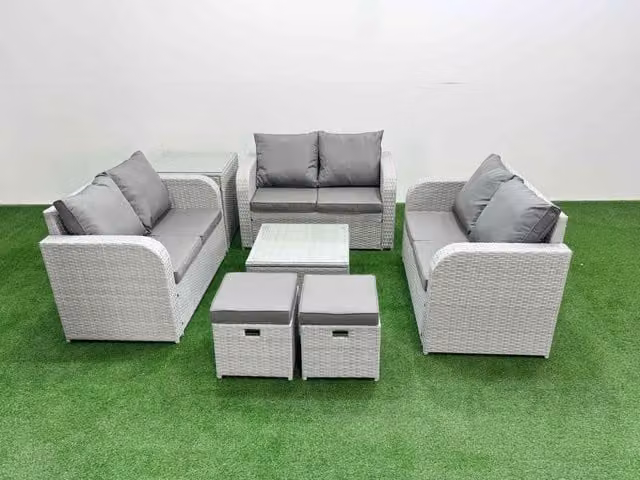 Fimous 8 Seater PE Wicker Rattan Garden Furniture Set in Light Grey with Square Coffee Table, 2 Seater Sofa, and 2 Ottomans