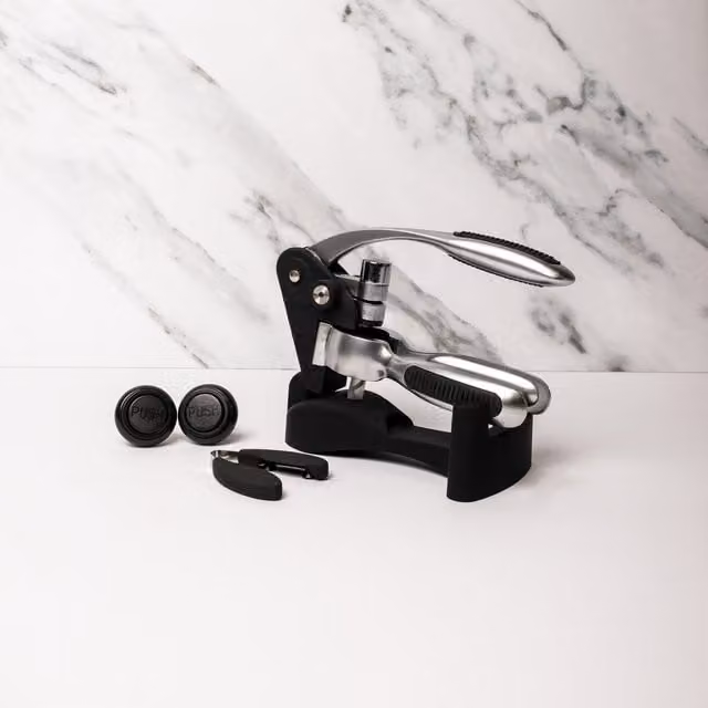 Barcraft 4-Piece Black Stainless Steel Wine Set with Lever Corkscrew, 2 Vacuum Stoppers and Twist Foil Cutter