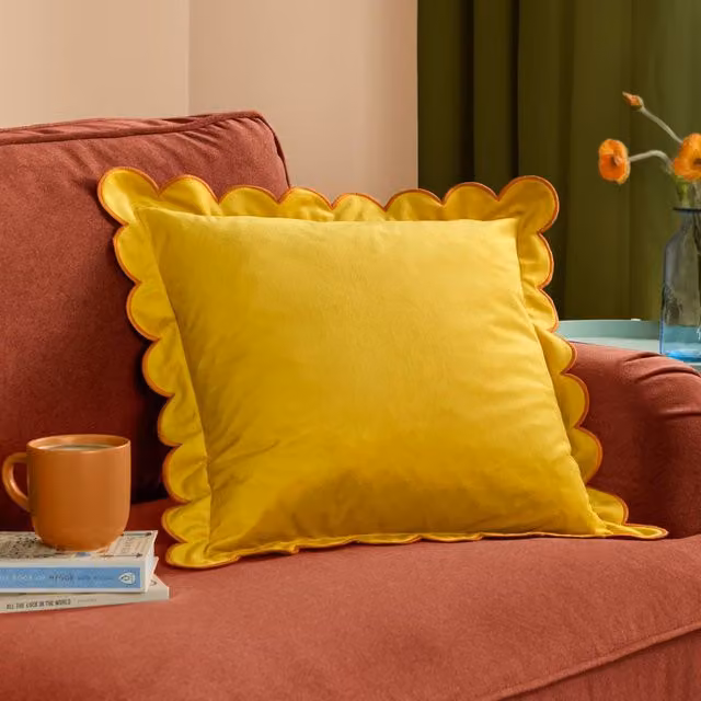 furn Lil Scallop Velvet Decorative Cushion in Yellow, W/D/H: 45 x 45 x 45 cm