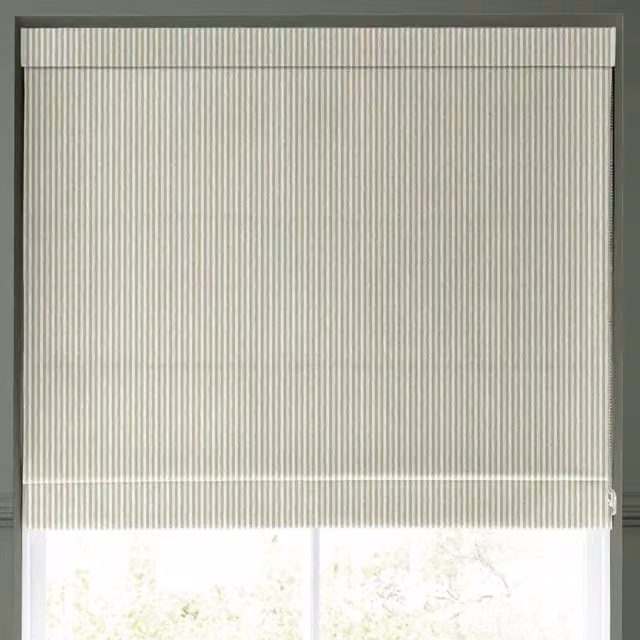 Emily Bond Oscar Stripe Made to Measure Blackout Roman Blind in Sage Green and Beige