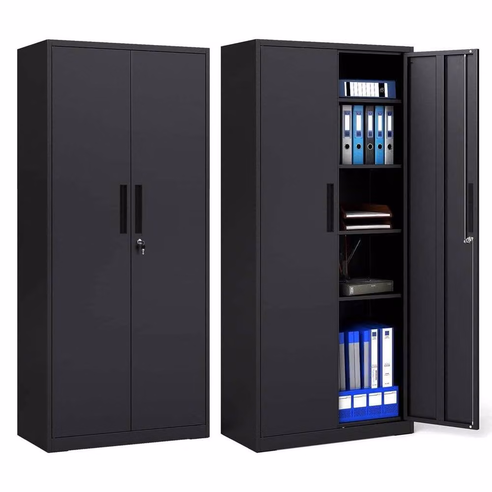 FORGEVIO Metal Storage Cabinet with 2 Lockable Hinged Doors and Adjustable Shelves in Matt Black – 4