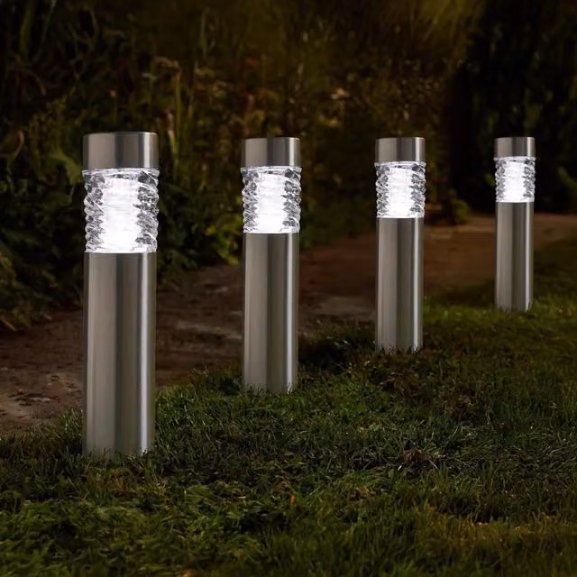 Marco Paul Pack of 4 Silver Stainless Steel Solar LED Stake Lights, Height: 39 cm