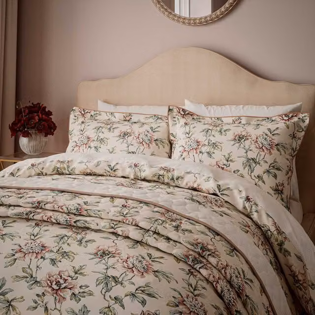 V&A Peony Blossom Double Duvet Cover and Pillowcase Set, Pink and Green Floral Cotton Percale, W: 140 cm, L: 200 cm