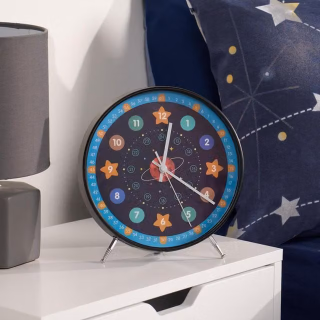OHS Blue Analog Geometric Round Plastic Kids Bedside Clock
