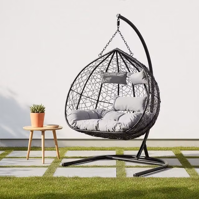 Interiors by Premier Goa Black Rattan Effect Double Hanging Chair with Cushions