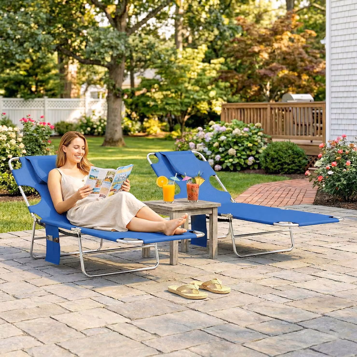 Outsunny Set of 2 Adjustable 5-Position Sun Loungers in Blue with Reading Hole and Side Pocket – 2