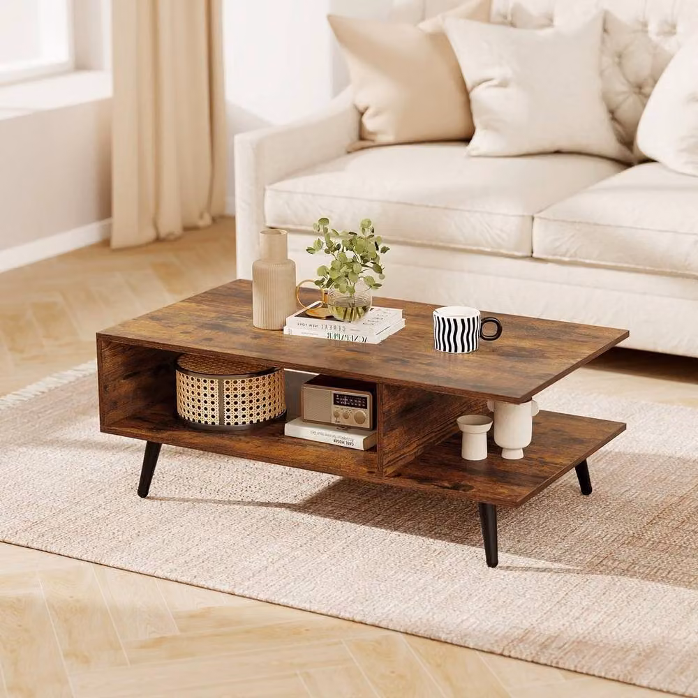 FORGEVIO Mid Century Modern 2-Tier Accent Coffee Table in Brown – 3