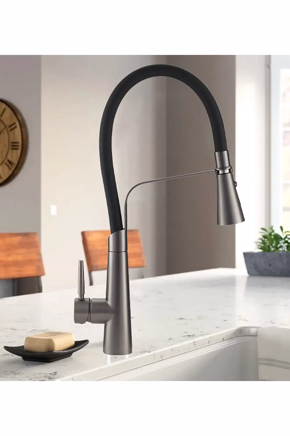 Living and Home Single Lever Pull-Down Kitchen Faucet with Silicone Sprayer in Grey Brushed Steel – 3