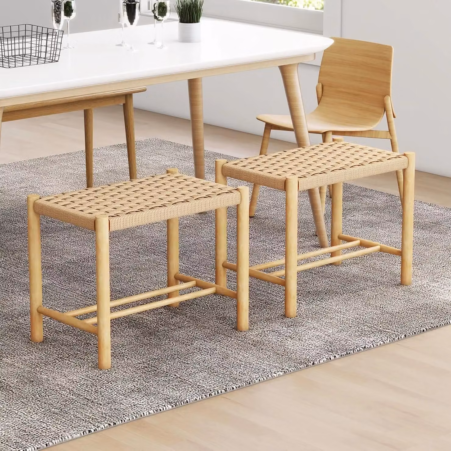 Gymax Set of 2 Dining Stools with Woven Paper Saddle Seats and Rubberwood Frames in Beige – 2
