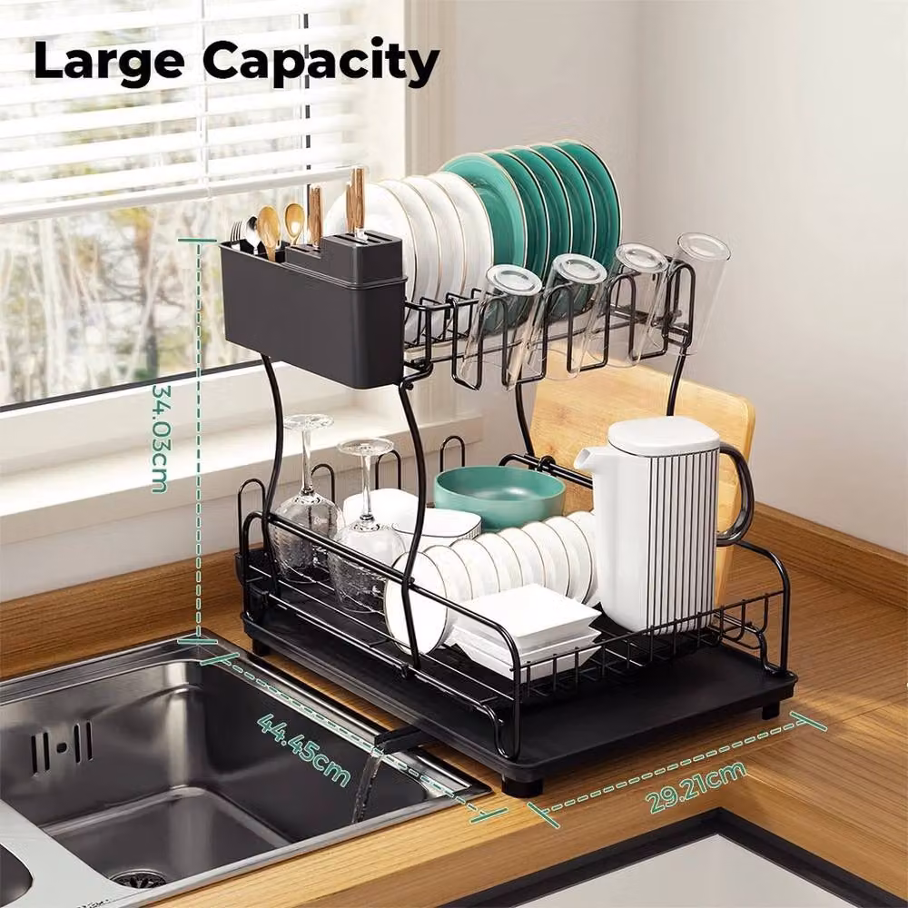 NESTLUNE Expandable 2 Tier Dish Drainer Rack with Cutlery Holder and Drip Tray, Black, W: 100 cm, D: 15 cm – 6