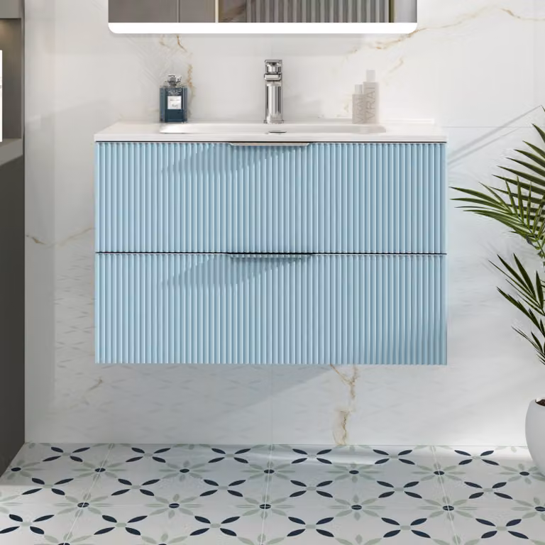 Royal Bathrooms Evora Wall Hung Vanity Unit with Ceramic Basin, Powder Blue, W: 80 cm