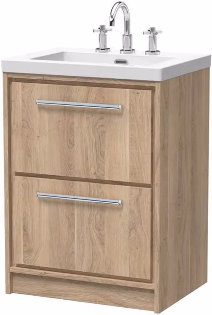 Balterley Longnor 2 Drawer Floor Standing Vanity Basin Unit, Light Oak Brown, Width: 60 cm