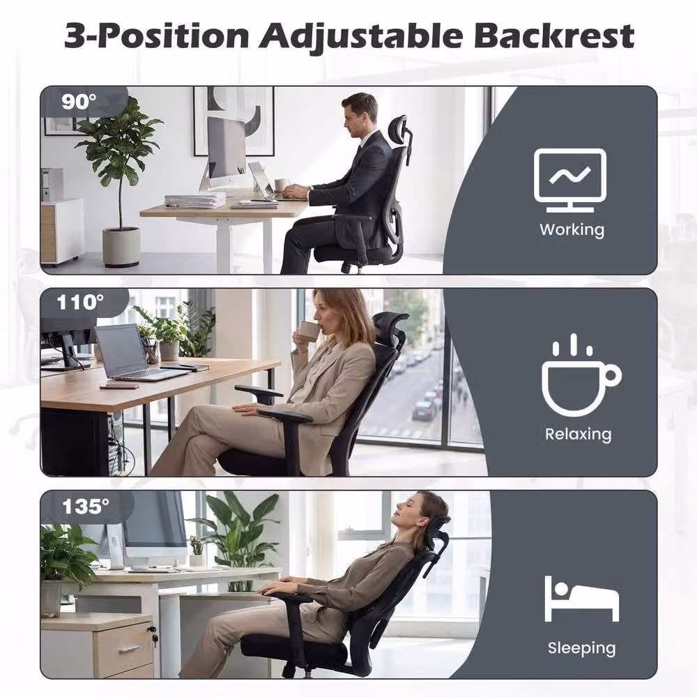Gymax Ergonomic High Back Office Chair with Headrest, Lumbar Support and Armrests in Black Fabric – 8