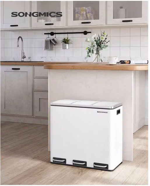 SONGMICS 3-Compartment Kitchen Recycling Bin with Pedal and Soft-Close Lid, White