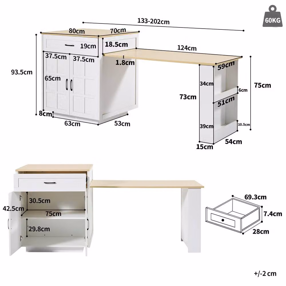 Merax Extendable Kitchen Island with Pull-Out Dining Table and Dual-Side Drawers in White – 5
