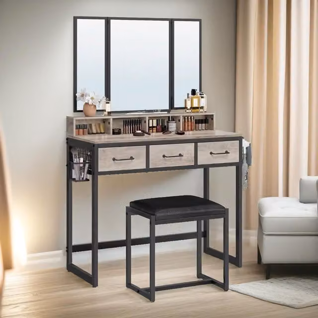 Pirlo Plush 3 Drawer Dressing Table with Tri-fold Mirror and Stool in Grey