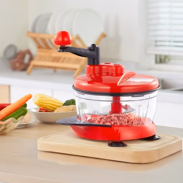 Livingandhome 2-in-1 Manual Vegetable Grater and Meat Grinder with Multiple Blades and Container, Red and Transparent